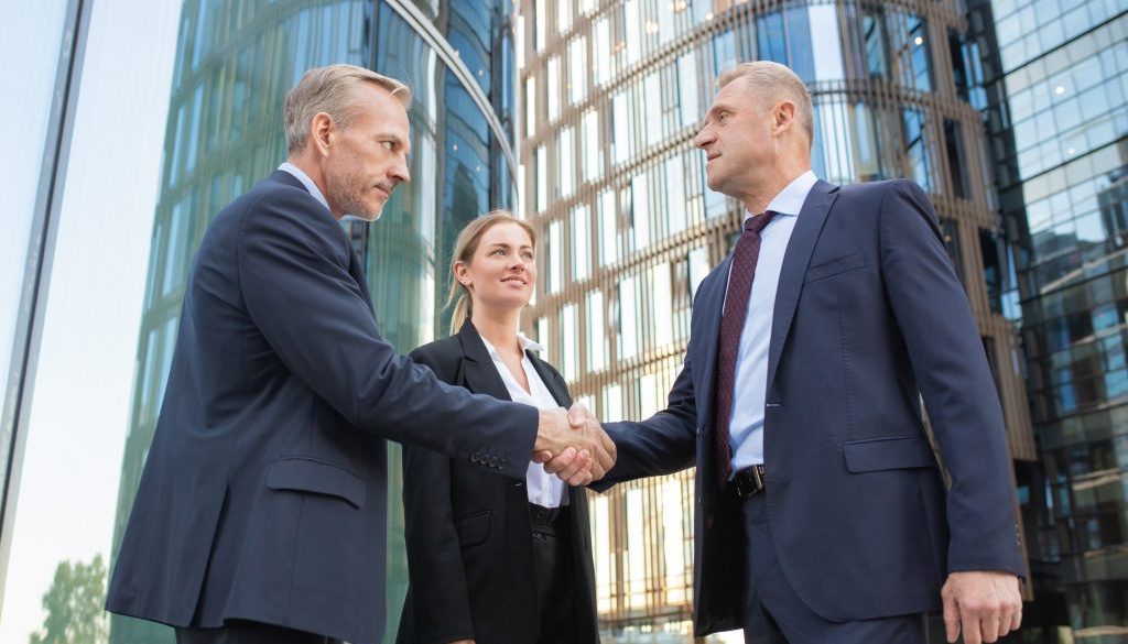 Confident middle-aged businessmen greeting each other