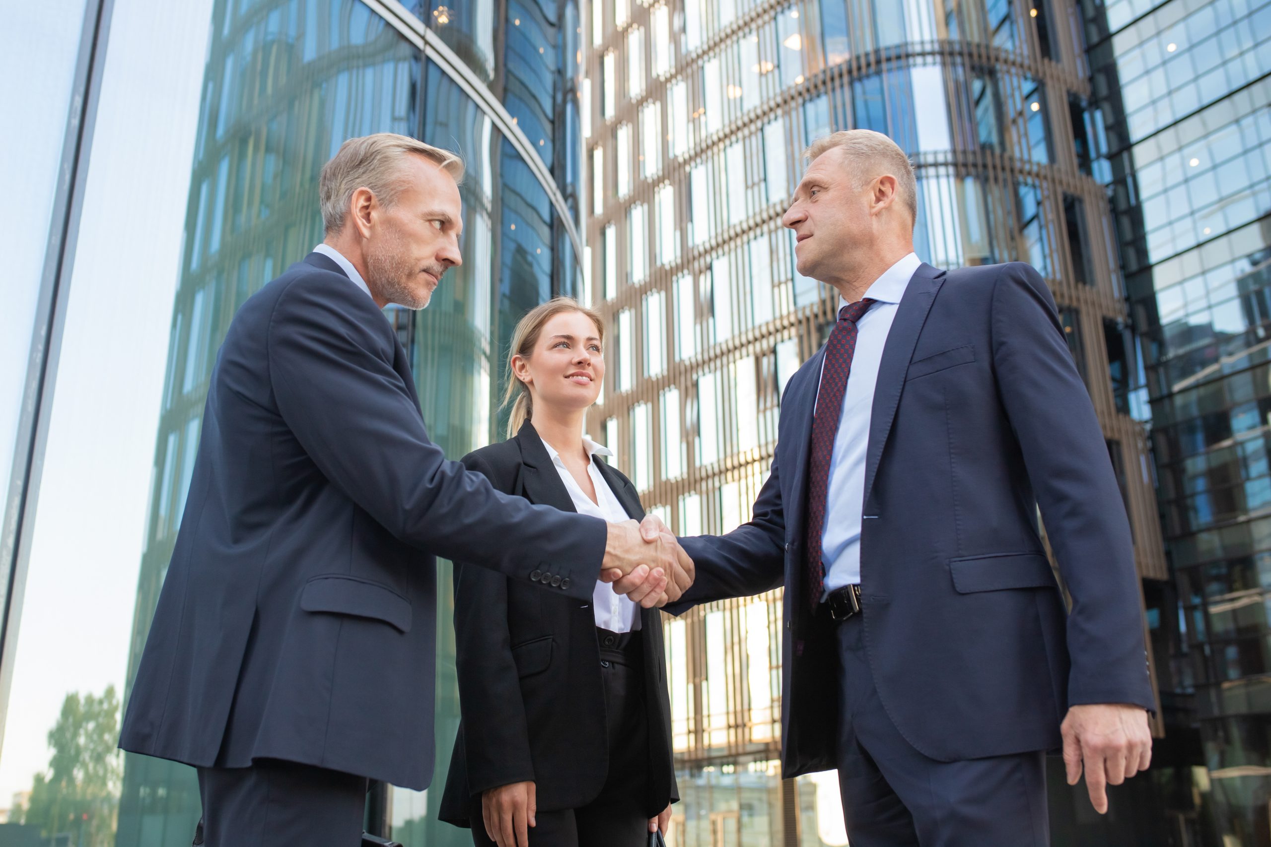 Confident middle-aged businessmen greeting each other Confident middle-aged businessmen greeting each other